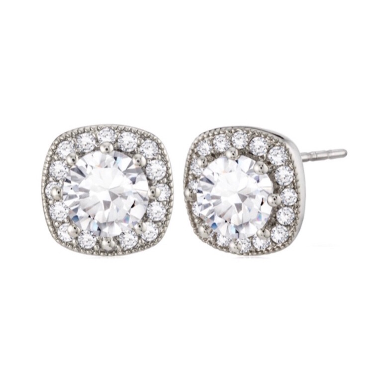 Nwt- Zaxie Cushion Cut Cz Halo Stud Earrings